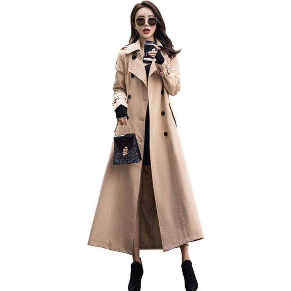 Women's Double Breasted Duster Trench Coat Slim Full Length Maxi Long Overcoat